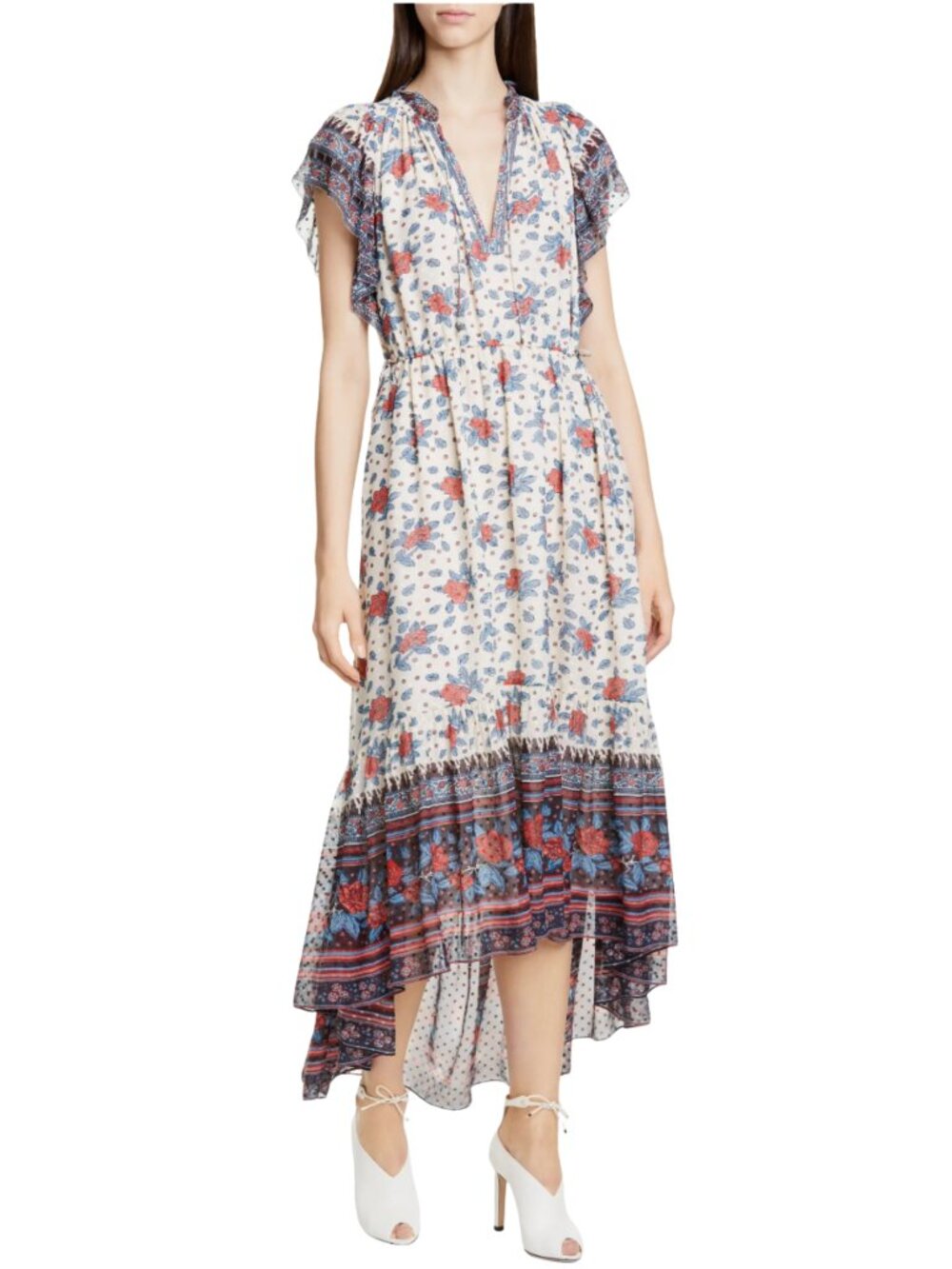 Ulla Johnson Reese Silk Jacquard Hi-Low Floral Dress Ruffles Boho Size 0 Multi